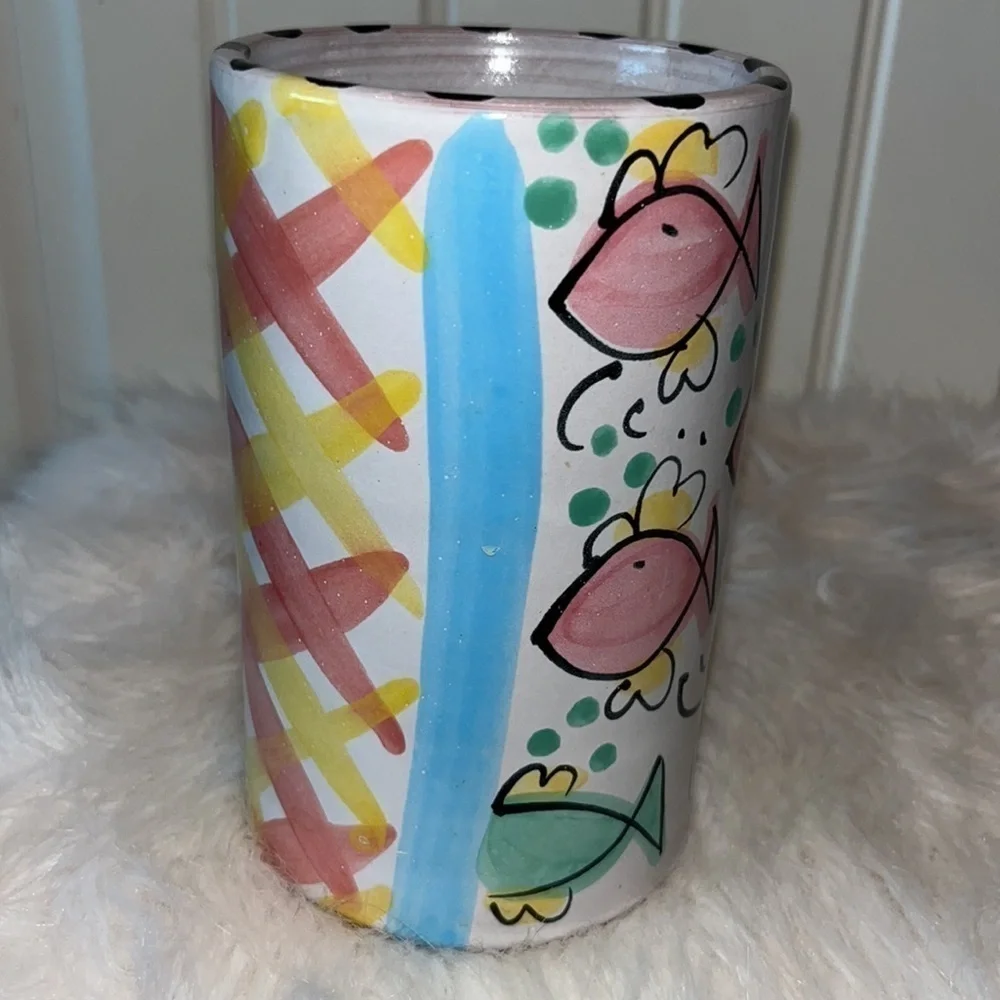 ART pottery signed pastel fish vase lake house/beach house decor whimsical